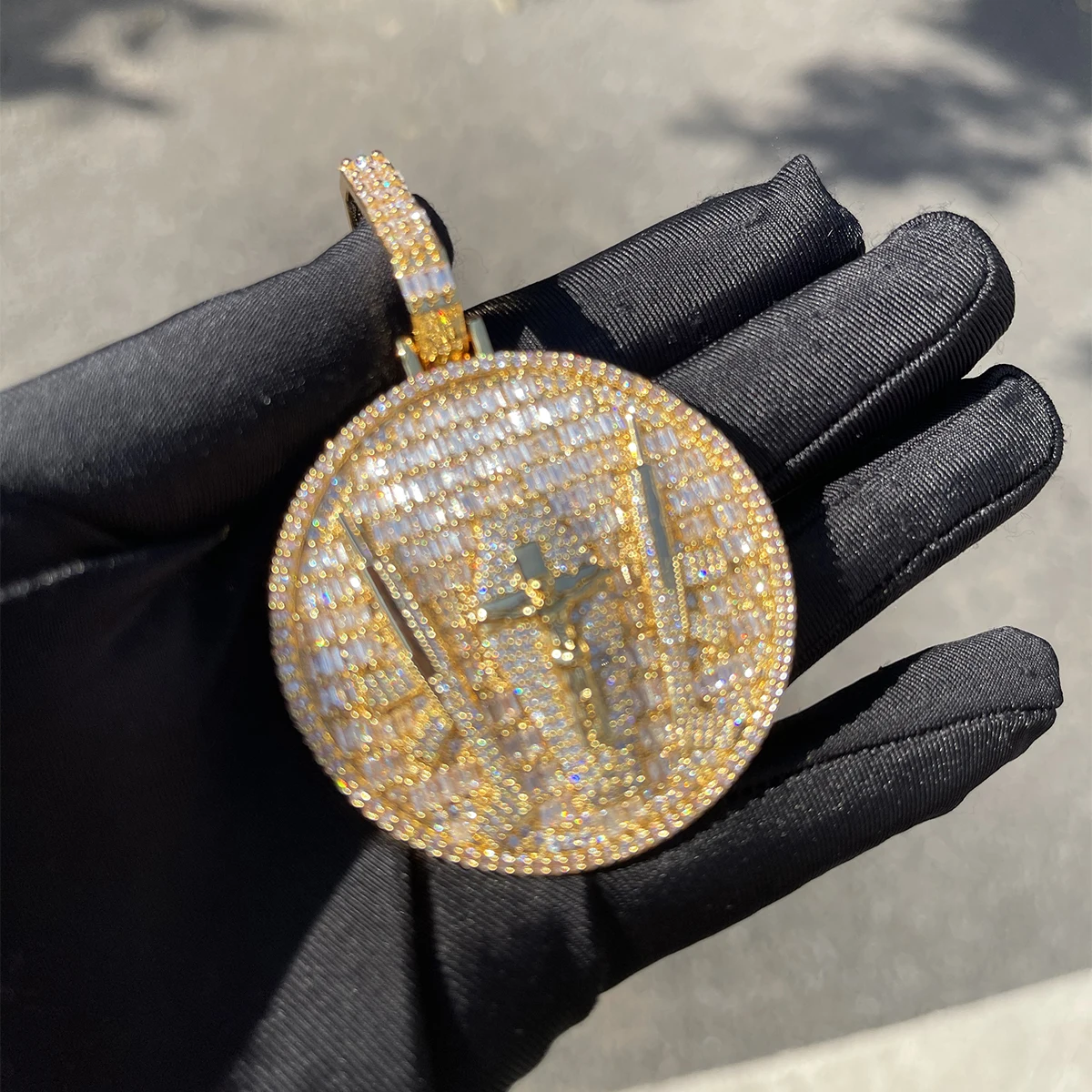 ICEVAULT | Men Necklace Iced Out Baguette Round Pendant Cross & Swords Design