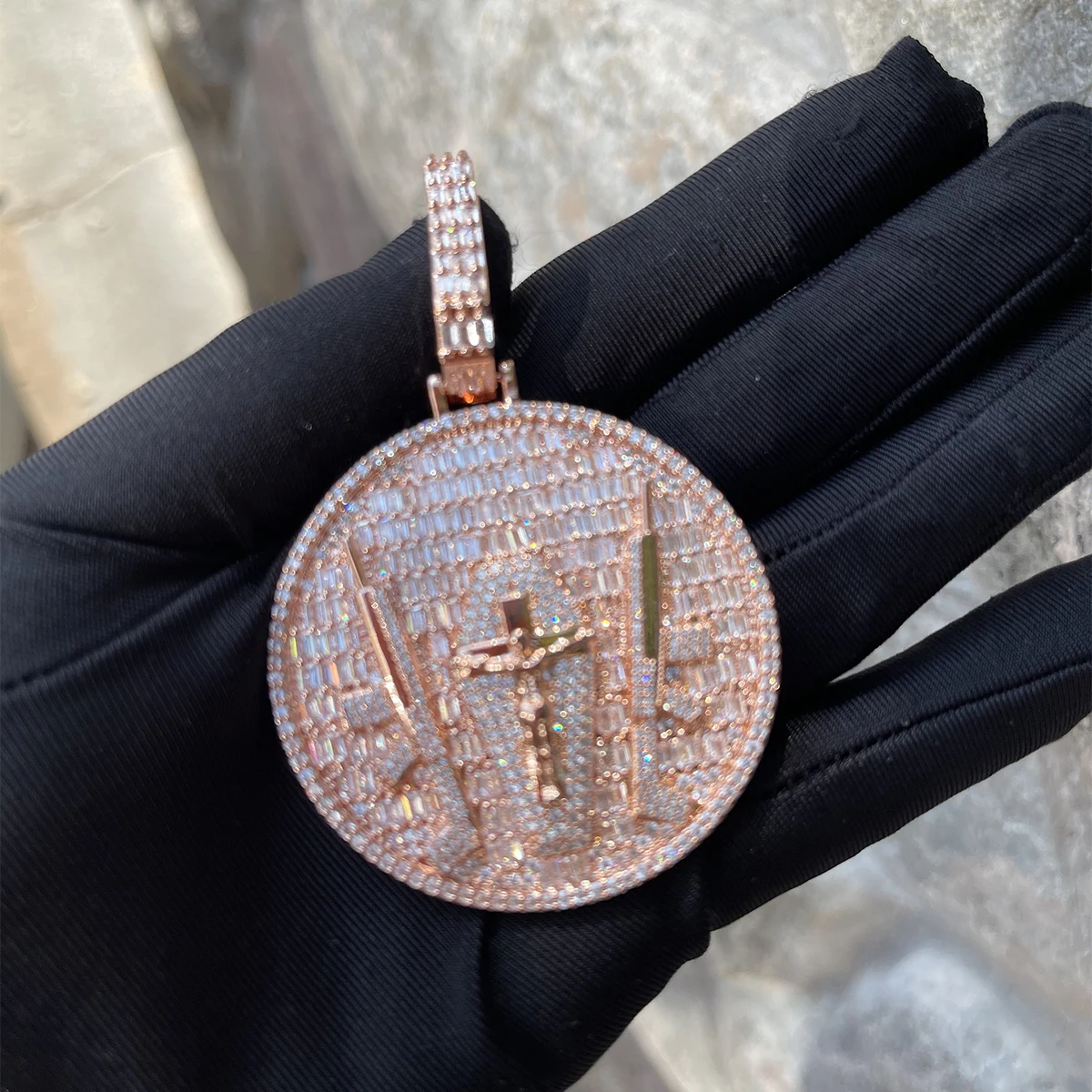 ICEVAULT | Men Necklace Iced Out Baguette Round Pendant Cross & Swords Design