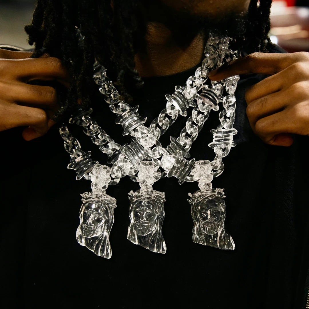 ICEVAULT | Transparent Clear Acrylic Large Jesus Pendant Necklace for Men – Hip-Hop Brambles Wire Jesus Christ Chain Jewelry
