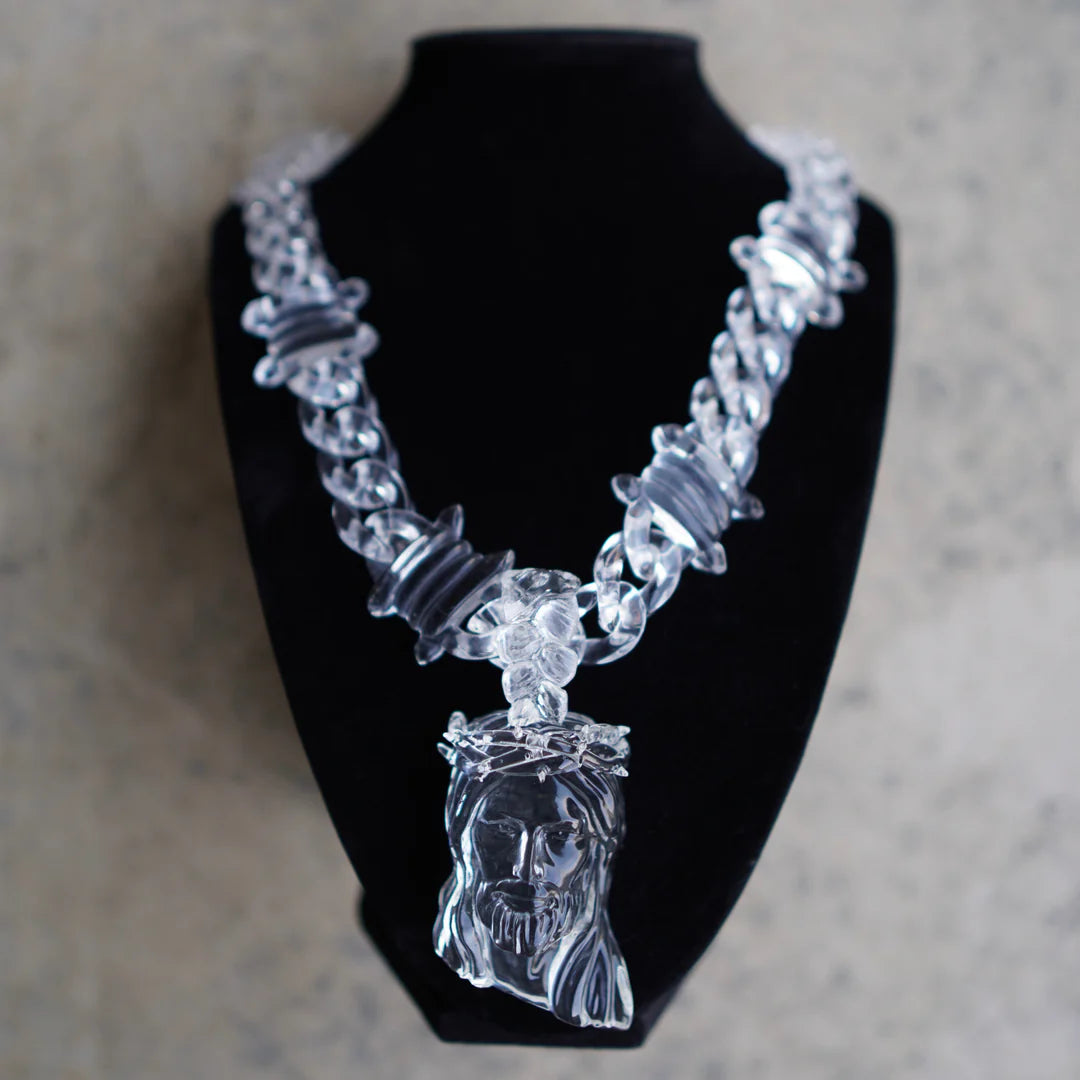ICEVAULT | Transparent Clear Acrylic Large Jesus Pendant Necklace for Men – Hip-Hop Brambles Wire Jesus Christ Chain Jewelry