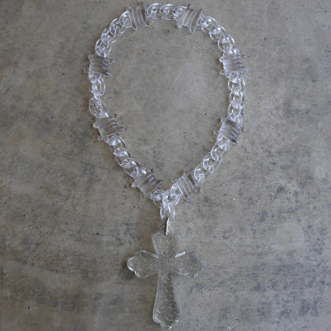 ICEVAULT | Clear Big Cross Pendant Necklace for Men Punk Barbed Thorn Cuban Chain Choker Streetwear Jewelry