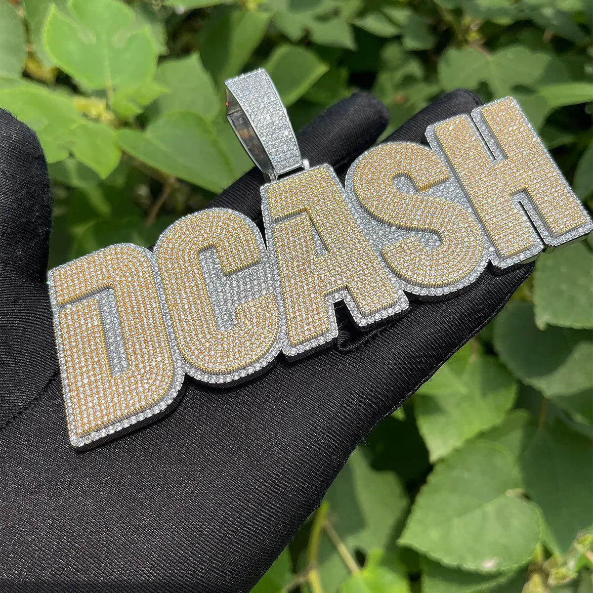 ICEVAULT | Custom Name Necklace for Men Solid Base Iced Out Pendant Two Tone Personalized Baguette Pendant