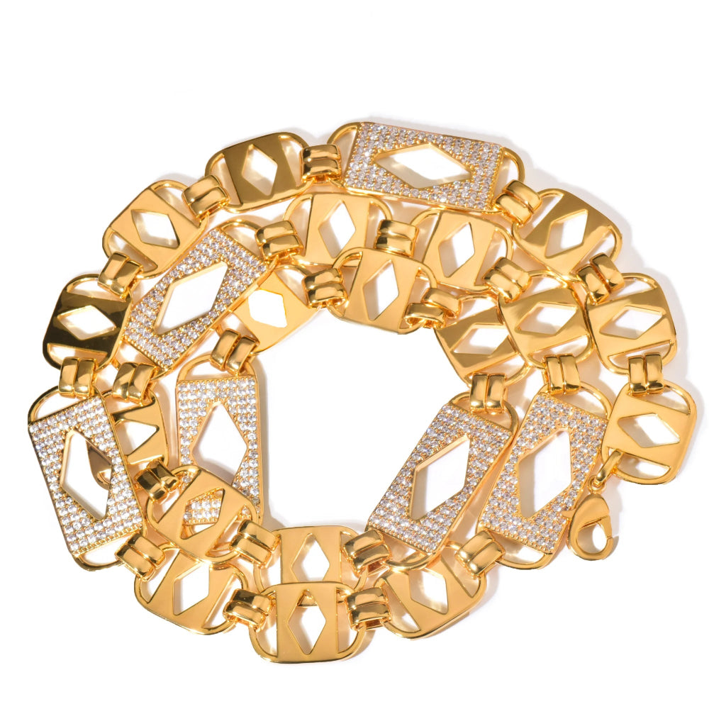 ICEVAULT | Gold-Plated Geometric Kingsley Link Chain – Iced-Out Diamond Cut Design, Luxury Hip-Hop Necklace