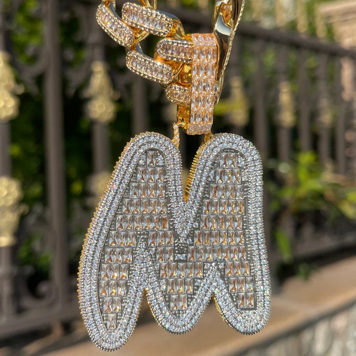 ICEVAULT | Baguette 1 Letter Initial Cursive Jewelry Iced Out Pendant Prong Setting Made By Hand Customized Name Necklace for Men