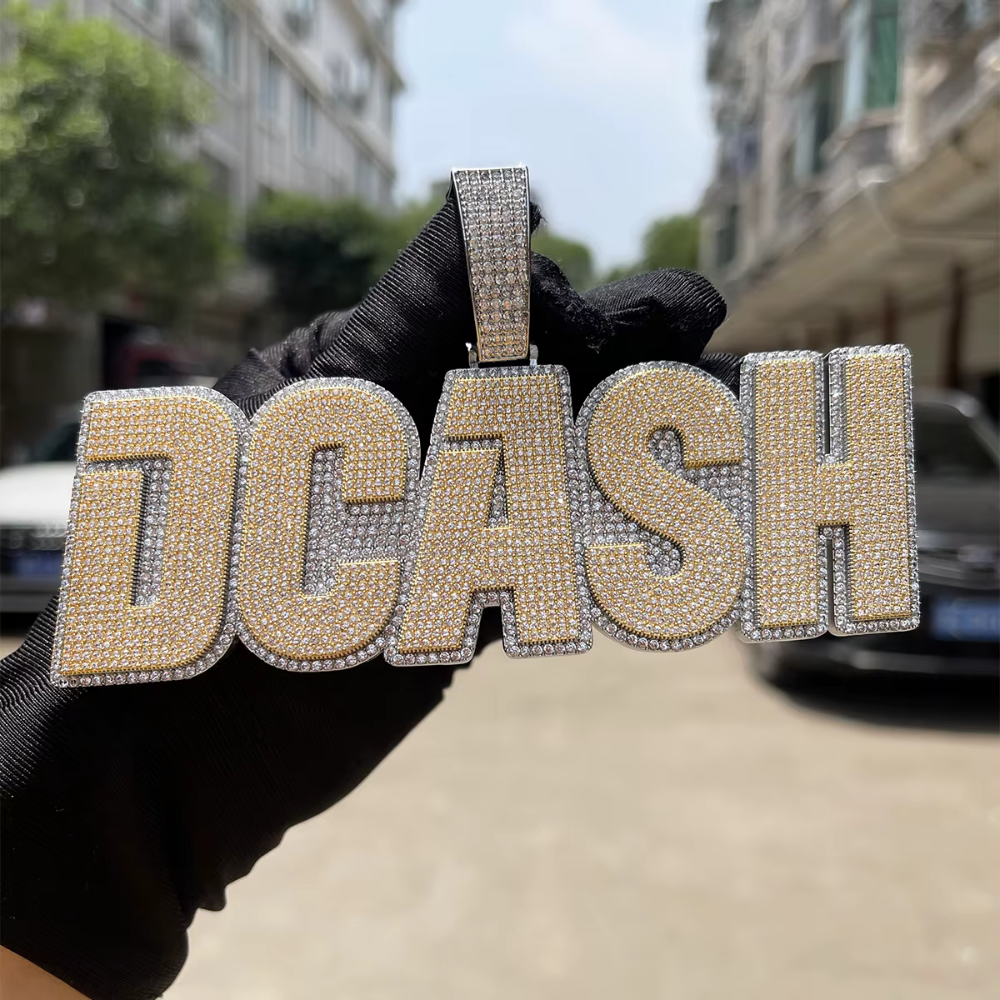 ICEVAULT | Custom Name Necklace for Men Solid Base Iced Out Pendant Two Tone Personalized Baguette Pendant