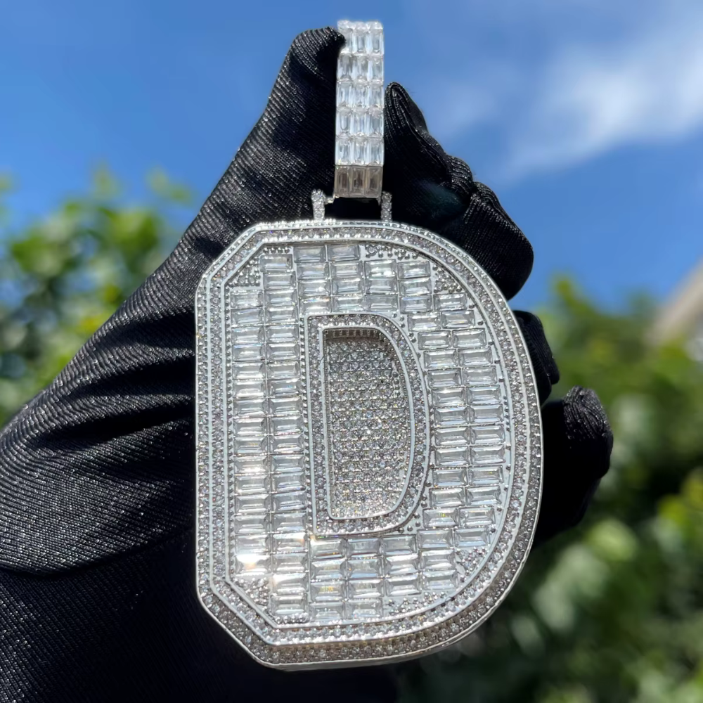 ICEVAULT | Baguette 1 Letter Initial Necklace for Men Iced Out Pendant Solid Back Two Layers Charms
