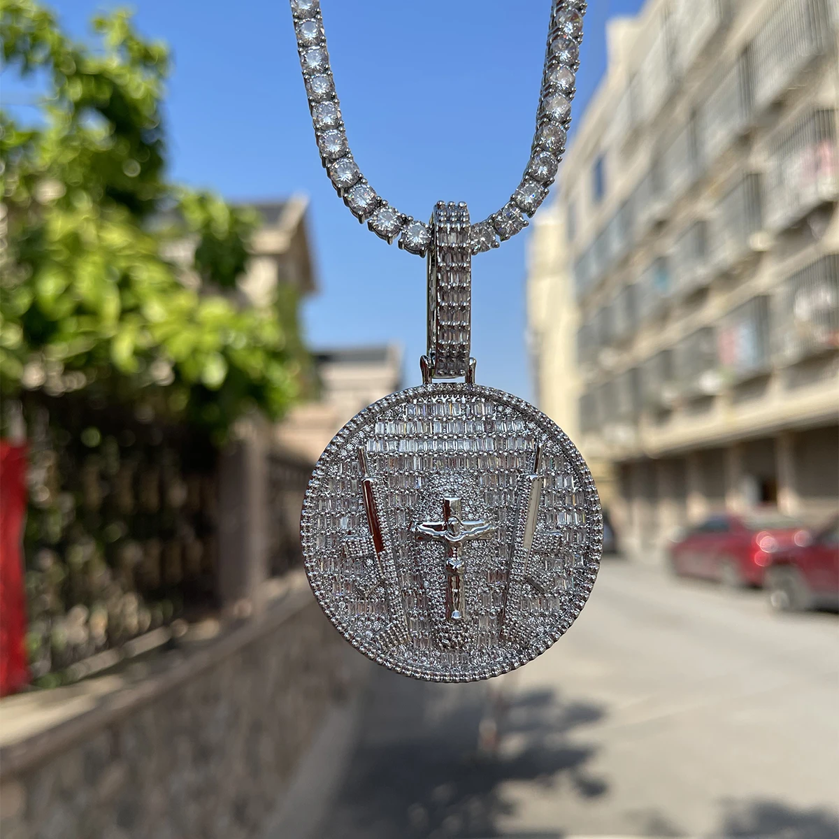 ICEVAULT | Men Necklace Iced Out Baguette Round Pendant Cross & Swords Design