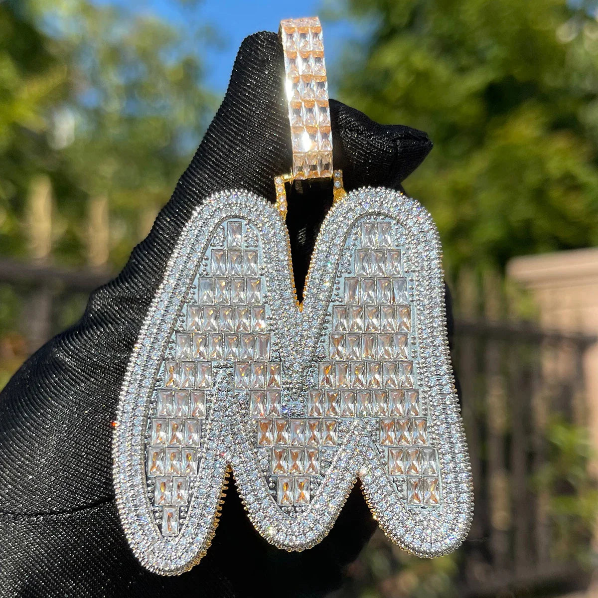 ICEVAULT | Baguette 1 Letter Initial Cursive Jewelry Iced Out Pendant Prong Setting Made By Hand Customized Name Necklace for Men