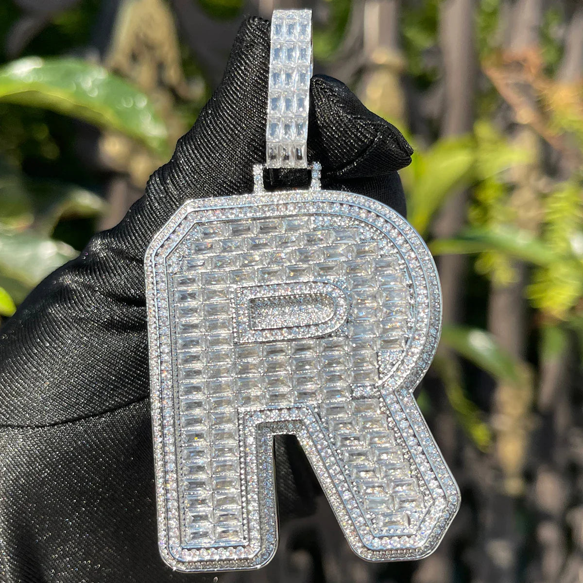 ICEVAULT | Baguette 1 Letter Initial Necklace for Men Iced Out Pendant Solid Back Two Layers Charms