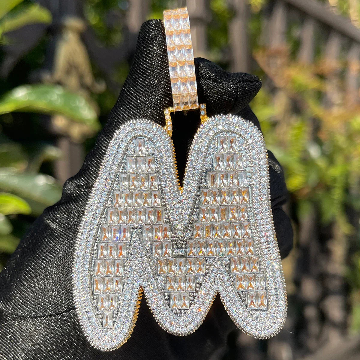 ICEVAULT | Baguette 1 Letter Initial Cursive Jewelry Iced Out Pendant Prong Setting Made By Hand Customized Name Necklace for Men