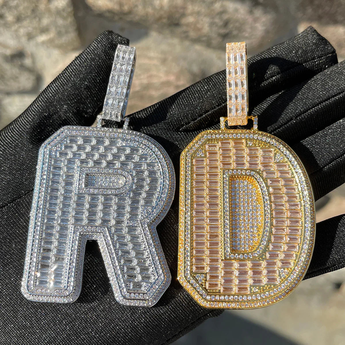 ICEVAULT | Baguette 1 Letter Initial Necklace for Men Iced Out Pendant Solid Back Two Layers Charms