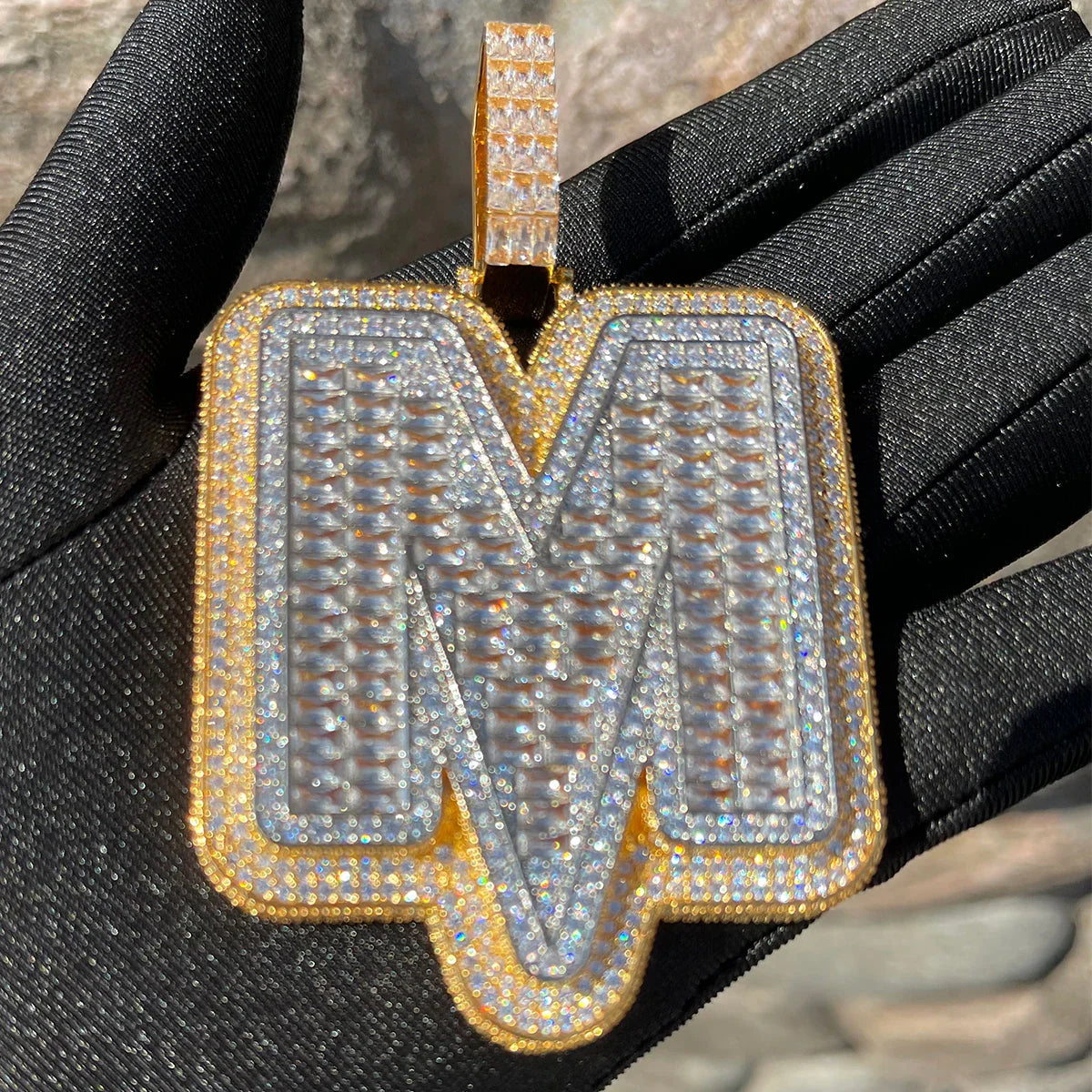 ICEVAULT | Jewelry 1 Letter Initial Necklace for Men Iced Out Baguette Pendant Prong Setting