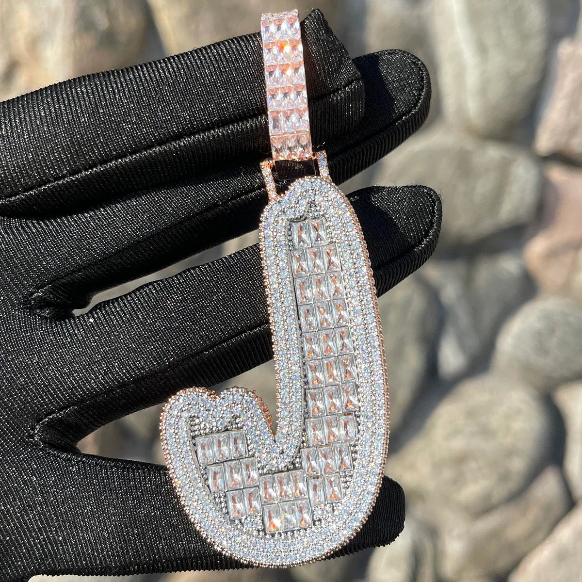 ICEVAULT | Baguette 1 Letter Initial Cursive Jewelry Iced Out Pendant Prong Setting Made By Hand Customized Name Necklace for Men