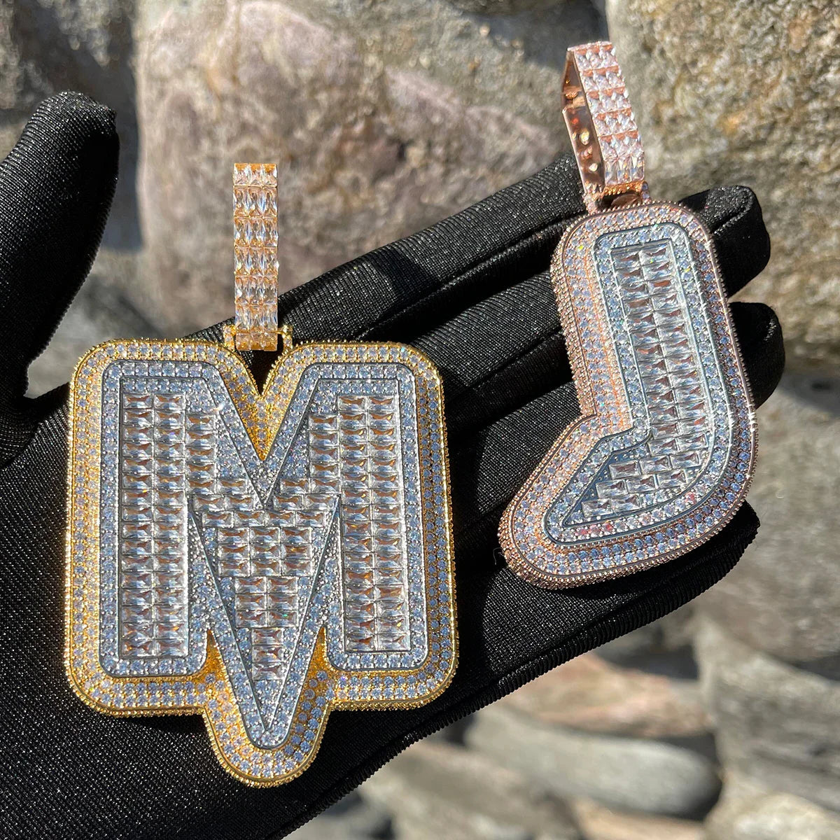 ICEVAULT | Jewelry 1 Letter Initial Necklace for Men Iced Out Baguette Pendant Prong Setting