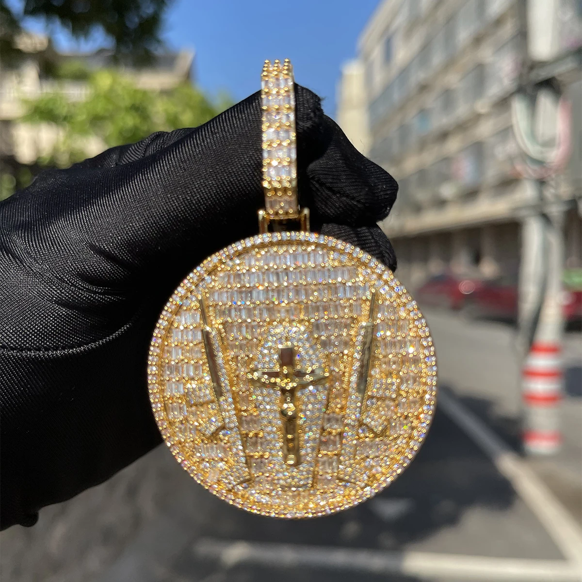 ICEVAULT | Men Necklace Iced Out Baguette Round Pendant Cross & Swords Design